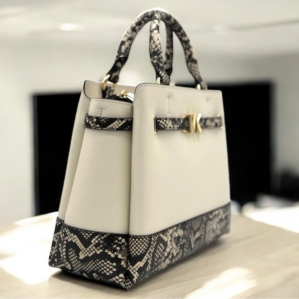 Michael Kors Large Reed CZ Belted Satchel Bag Light Cream Multi